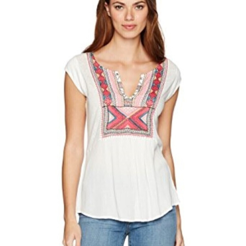 LUCKY BRAND White Red Pink Embroidered Bib Burn Out Lightweight Top Size XL